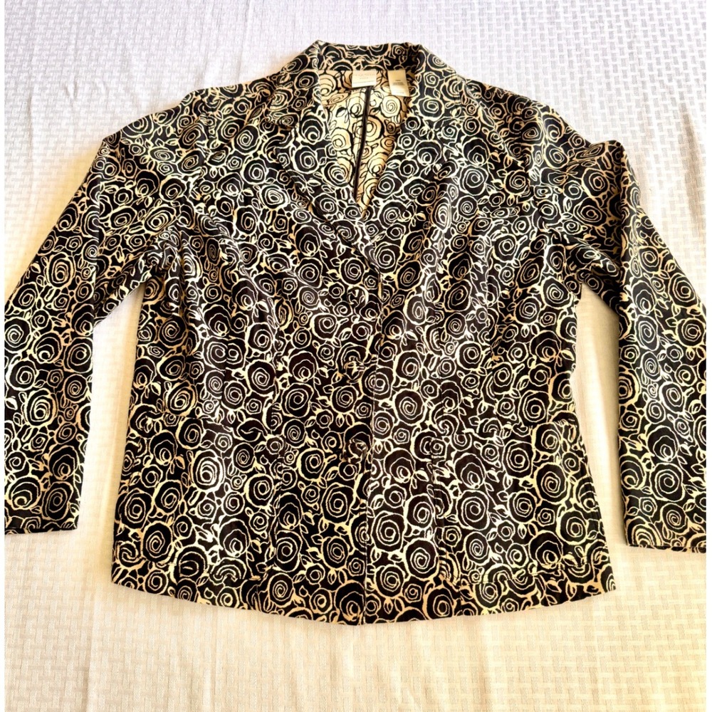 Emma James Woman Rose Print Blazer 16W Black Tan Floral Cotton Jacket Claiborne